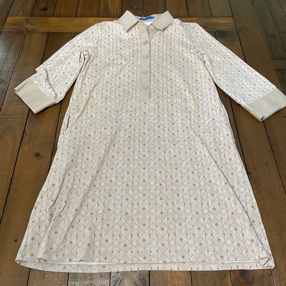 J.McLaughlin Women Tan Geometric Diamond Print Shirt Dress Size M Pockets
